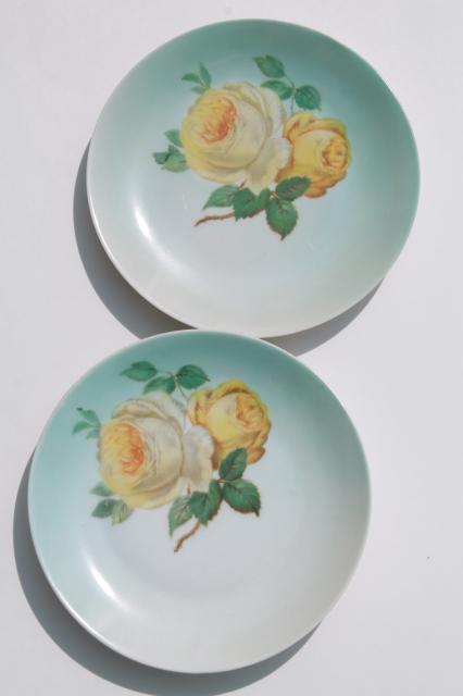 pink & yellow roses hand painted Bavaria china plates, vintage dessert set