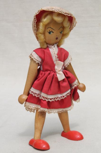 pinocchio style jointed wood doll to stand & pose, vintage hand painted puppet toy w/ cloth dress