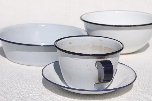 plain simple old white enamelware dishes, 1930s vintage large mug cup, camp plates & bowls