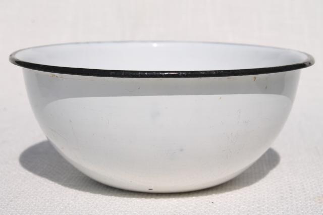 plain simple old white enamelware dishes, 1930s vintage large mug cup, camp plates & bowls