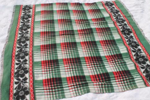 plush vintage cotton camp blanket, red & green plaid w/ black border print