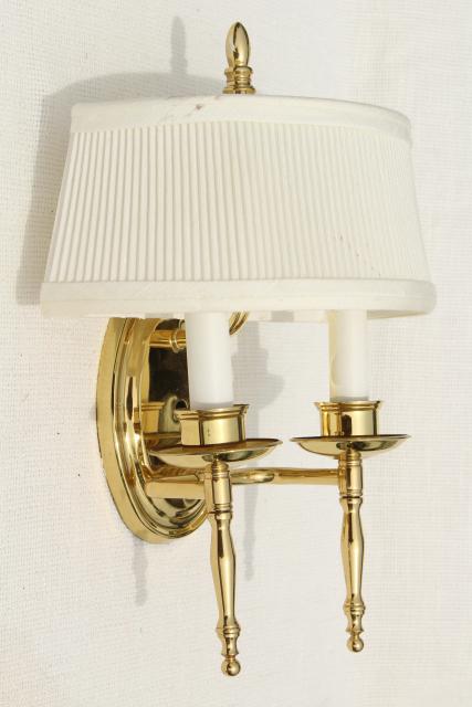 polished brass wall mount lights, pair candle sconces w/ vintage lamp shades