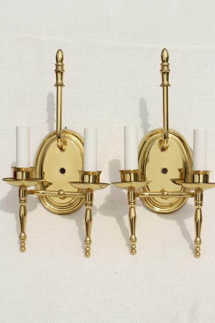 polished brass wall mount lights, pair candle sconces w/ vintage lamp shades