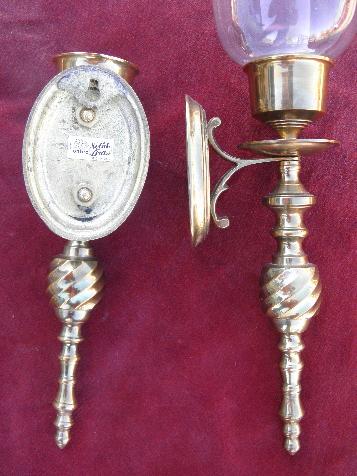 polished brass wall sconces for candles, candle sconce pair w/ glass hurricane shades