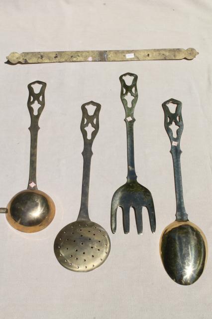 polished solid brass kitchen utensils w/ wall rack, large spoon & fork, skimmer, ladle