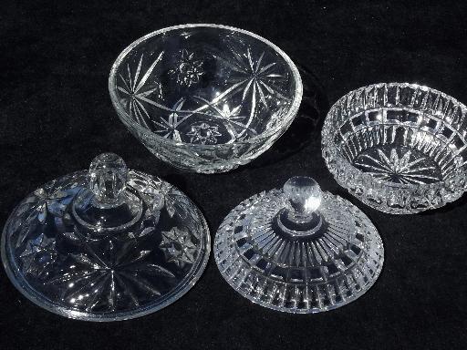 pressed glass candy dishes, 50s vintage crystal clear glass covered boxes