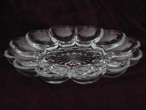 pressed glass egg plate, divided serving piece for deviled eggs