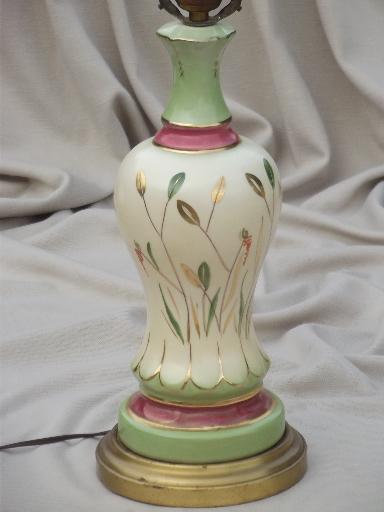 pretty pink & green painted china boudoir lamp, shabby cottage chic vintage