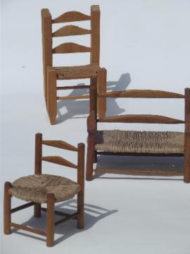 prim country shaker chairs for dolls or bears, old wood toy chair set