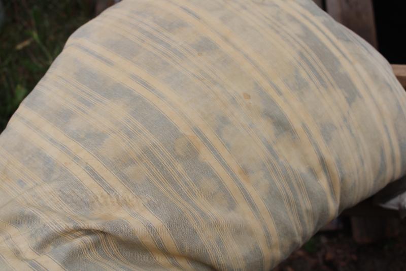 primitive antique faded cotton ticking stripe feather pillow, feed sack fabric pillowcase