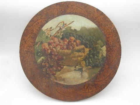 primitive antique fruit print, wood pyrography on wide old pine board
