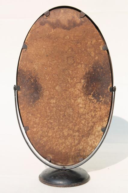 primitive antique metal frame mirror stand, oval shaving washstand mirror w/ black paint tin frame