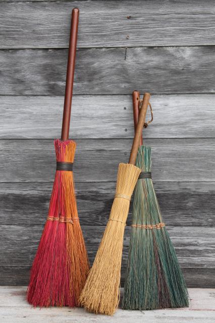 primitive corn broom collection, vintage straw brooms for fall Halloween decoration