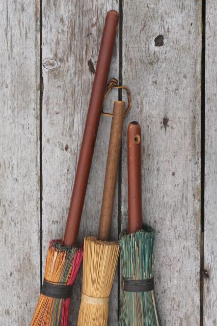 primitive corn broom collection, vintage straw brooms for fall Halloween decoration
