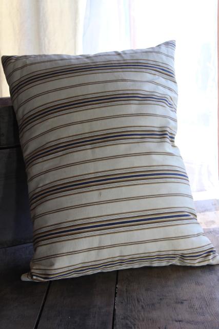 primitive country farmhouse vintage feather pillow, old brown & blue striped cotton ticking