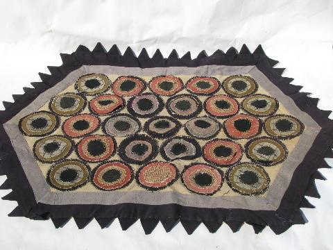primitive early american antique hand-stitched penny bullseye rug