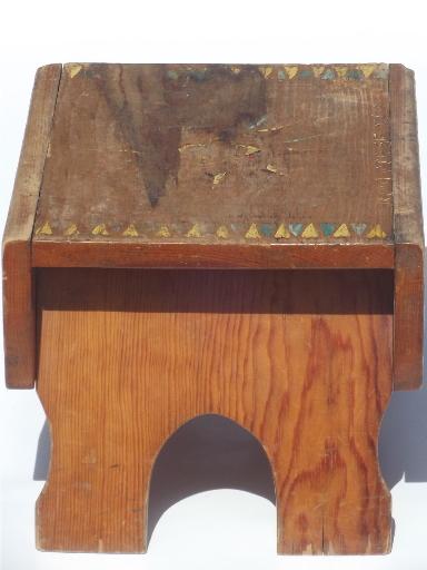 primitive folk art hand-painted wood step stool, worn old wooden bench seat