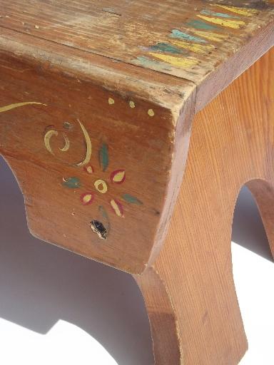 primitive folk art hand-painted wood step stool, worn old wooden bench seat