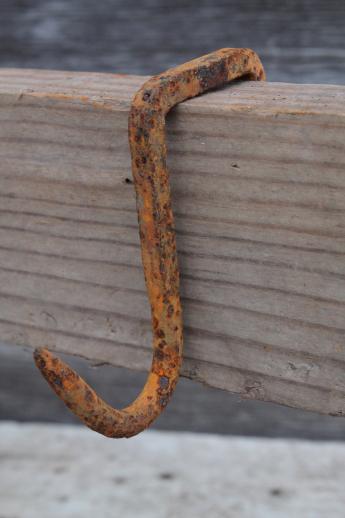 primitive forged iron hook, lot of 6  rusty old iron hooks 