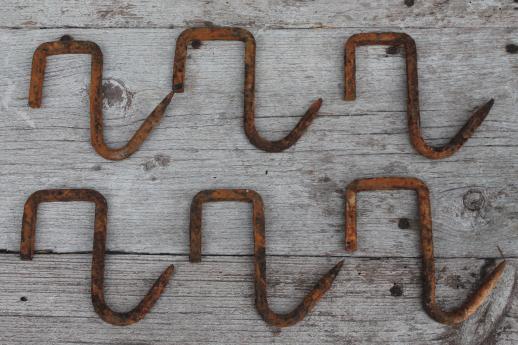 primitive forged iron hook, lot of 6  rusty old iron hooks 