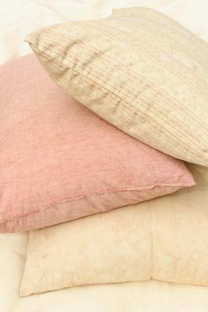 primitive grubby vintage barn red & unbleached cotton pillows, feather filled bed pillows