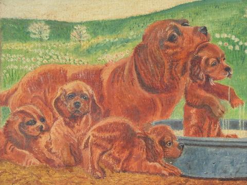 primitive hand-painted oil on board, cocker spaniels Mother and Puppies