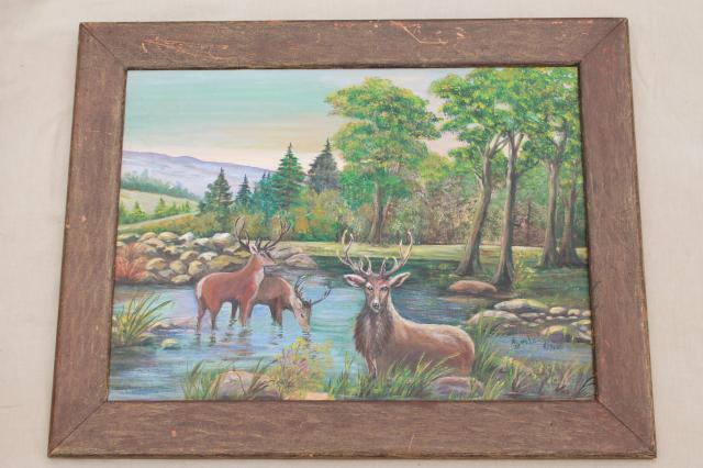 primitive naive art stag deer woodland picture, hand painted original w/ rustic wood frame