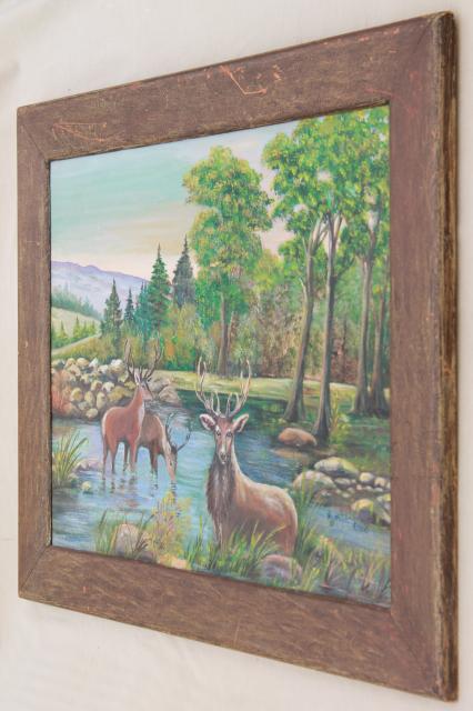 primitive naive art stag deer woodland picture, hand painted original w/ rustic wood frame