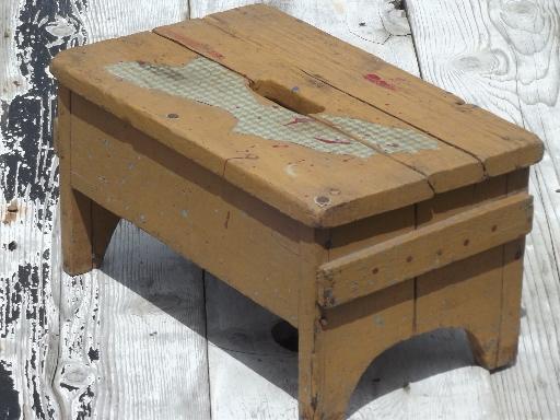 primitive old barn wood stool, vintage stepstool w/ pumpkin orange paint