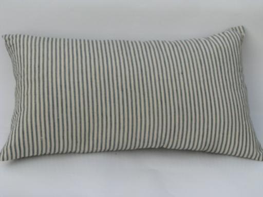 primitive old feather pillow, vintage blue stripe cotton ticking fabric