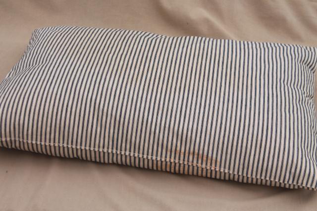 primitive old feather pillow w/ vintage blue stripe cotton ticking fabric