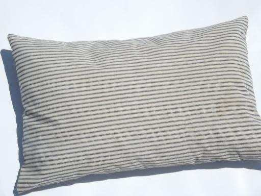 primitive old feather pillows, vintage blue stripe cotton ticking fabric