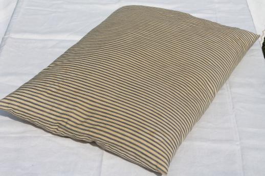 primitive old feather pillows, vintage blue stripe cotton ticking fabric