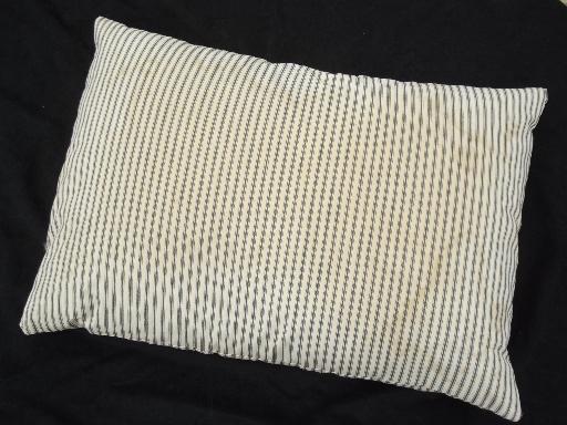 primitive old feather pillows, vintage blue stripe heavy cotton ticking fabric