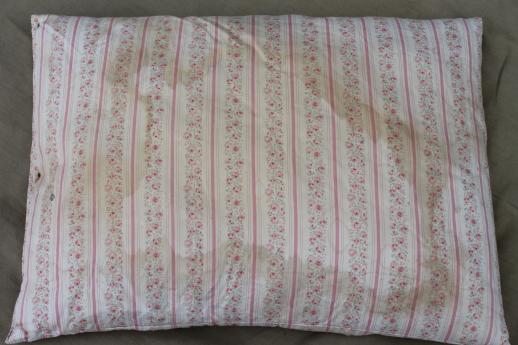 primitive old feather pillows with shabby vintage floral cotton ticking fabric