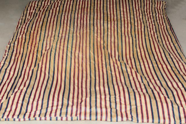 primitive old feather tick bed mattress, vintage blue red wide striped cotton ticking