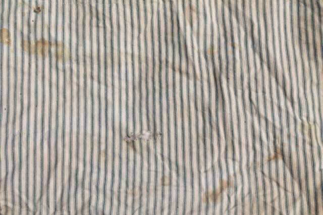 primitive old feather tick bed mattress, vintage indigo blue striped cotton ticking