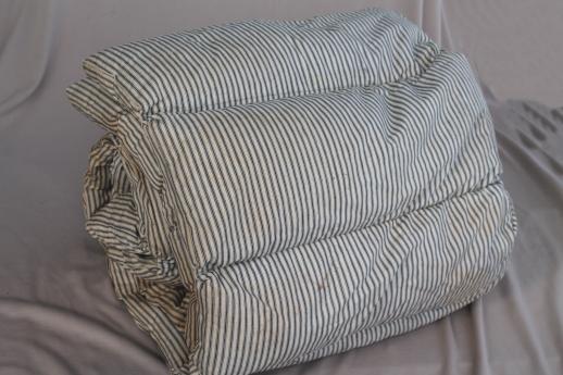 primitive old feather tick bed mattress w/ vintage indigo blue striped cotton ticking fabric
