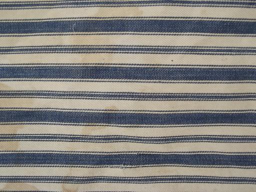 primitive old feather tick bed, vintage blue & white stripe cotton ticking