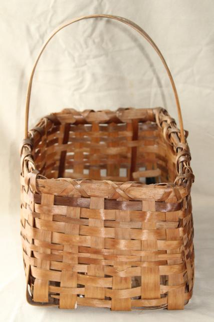 primitive old handmade wood split splint woven basket, farm country basket vintage 1936