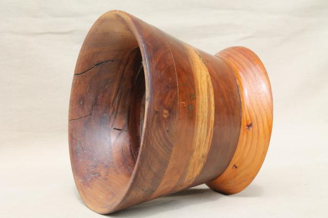 primitive old rough wood mortar basin, rustic hand turned wooden bowl