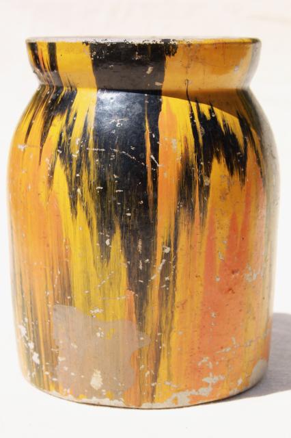 primitive old stoneware crock jar w/ marbled swirl painted finish, vintage roadside pottery