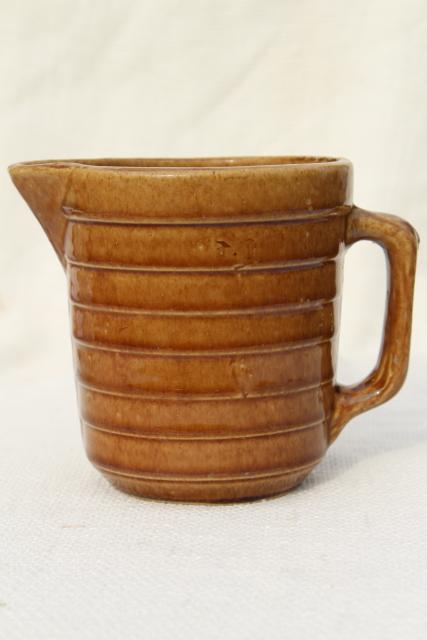 primitive old stoneware milk pitcher, vintage brown band pottery jug