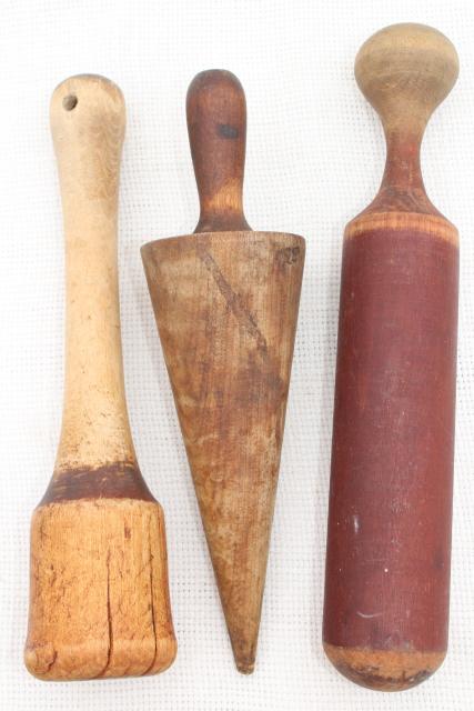 primitive old wood kitchen tools, lot vintage wooden masher, pestle, tamper