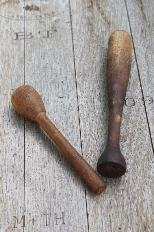 primitive old wood pestles or mashers, vintage farmhouse kitchen utensils