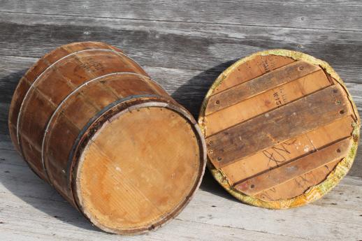primitive old wooden barrel storage seat, vintage wood bucket sewing box?