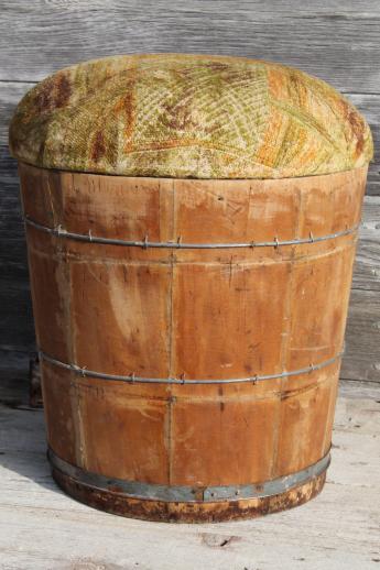 primitive old wooden barrel storage seat, vintage wood bucket sewing box?