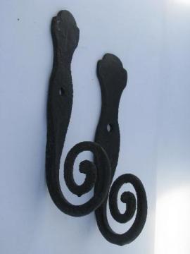 primitive old wrought iron coat hooks w/ big round spirals, vintage country