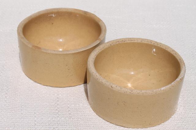 primitive old yellow ware stoneware pottery, antique vintage crock bowls / pet dishes