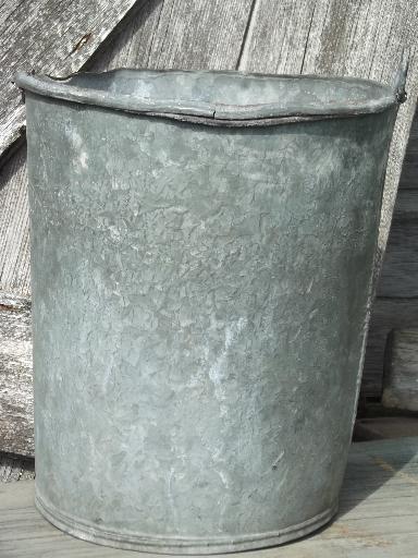 primitive old zinc galvanized metal pail, vintage farm garden flower bucket 